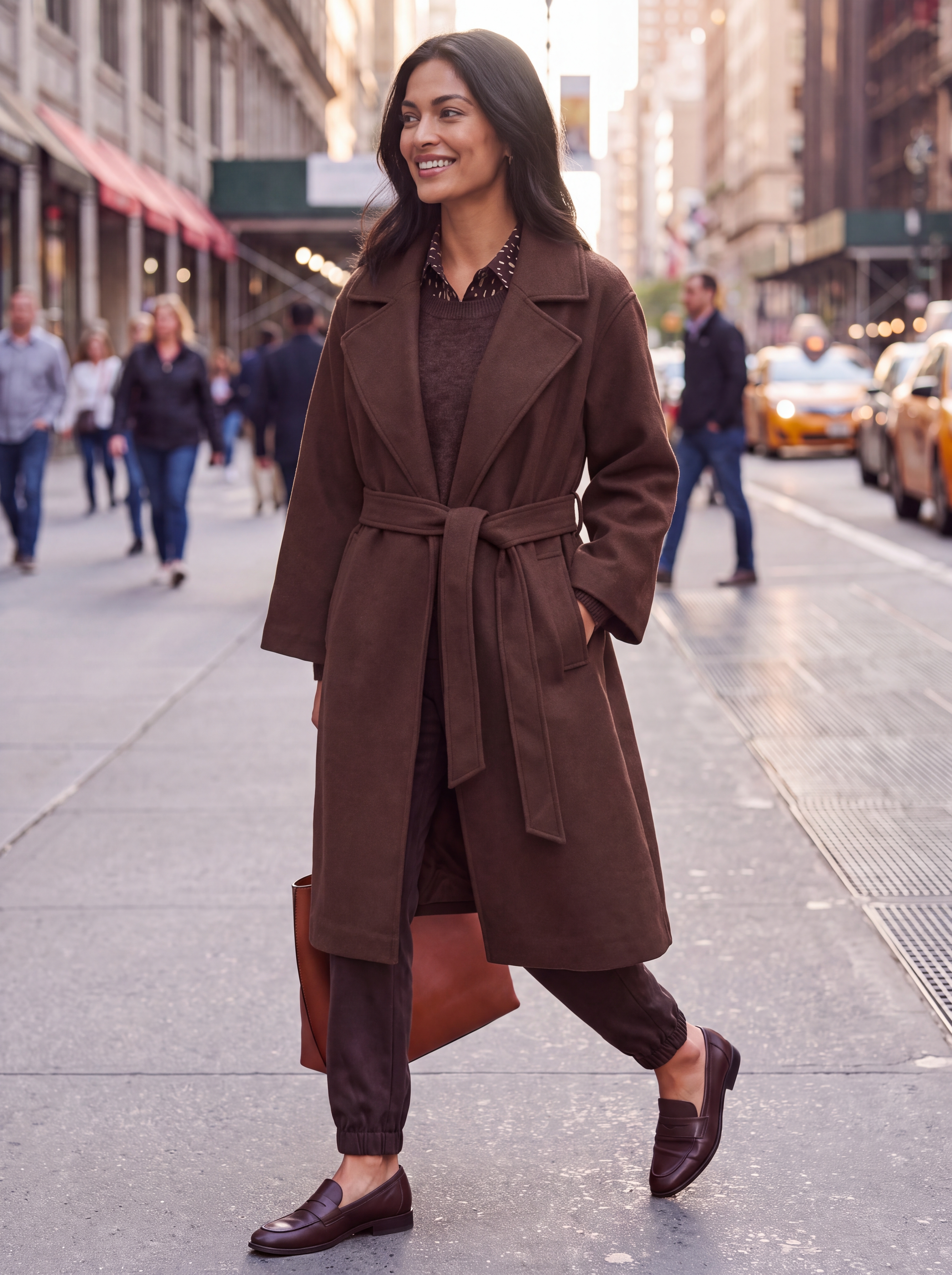 Dámsky prechodný kabát s opaskom BROADWAY NYC FASHION - CHOCOLATE PLUM 30